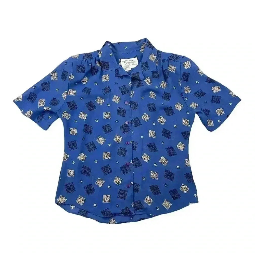 VTG Kathy Comelli Women's Blue Retro Blouse‎ Button Up Top Sz Small Short Sleeve